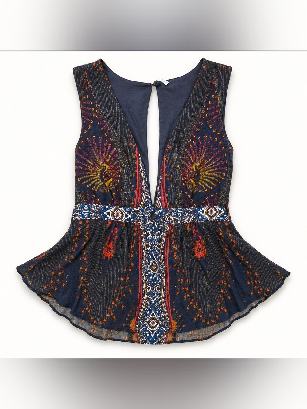 Free People Boho Peacock Print Open Back Peplum Top Size Small